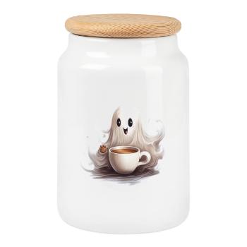 Baby Ghost with Big Coffee Halloween Shirt - Cookie Jar with Wooden Lid - white - Front