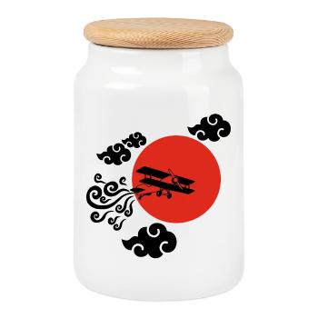 Black Airplane and Red Sun - Cookie Jar with Wooden Lid - white - Front