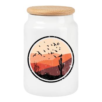 Désert Coucher De Soleil Oiseaux Silhouette - Boîte à biscuits avec couvercle en bois - blanc - Devant