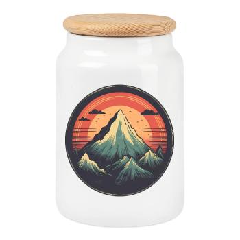 Stylized mountain panorama with sunset - Cookie Jar with Wooden Lid - white - Front