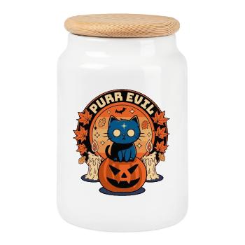 Purr Evil Funny Halloween Cat - Cookie Jar with Wooden Lid - white - Front