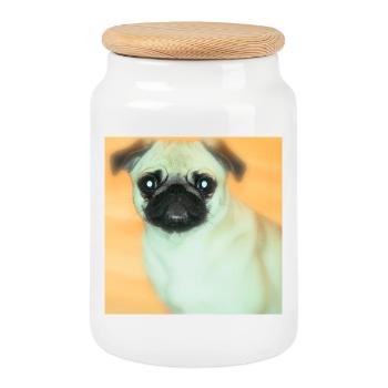 Cute Pug with Big Eyes - Cookie Jar with Wooden Lid - white - Front