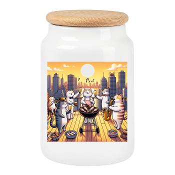 Cat Barbecue - Cookie Jar with Wooden Lid - white - Front