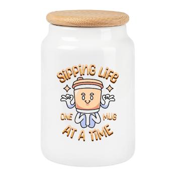 Siroter un café Kawaii amusant de vie - Boîte à biscuits avec couvercle en bois - blanc - Devant