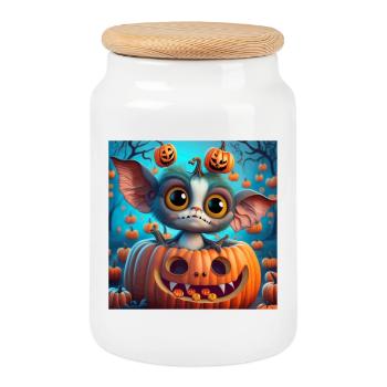 Petite Créature de Halloween dans Citrouille - Boîte à biscuits avec couvercle en bois - blanc - Devant