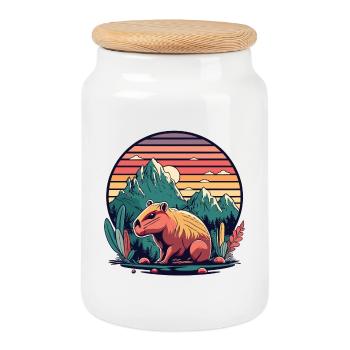 Capybara with Retro Sunset - Cookie Jar with Wooden Lid - white - Front