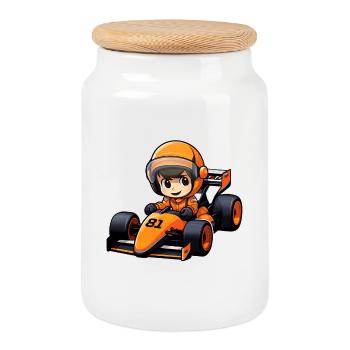 Racing Driver in Orange Car - 81 - Formula Car - Cookie Jar with Wooden Lid - white - Front