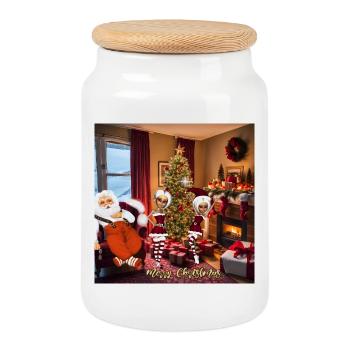 Santa Claus and elves after work. - Cookie Jar with Wooden Lid - white - Front