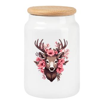 Roe Deer with Flowers Costumes Deer Head Deer Head - Cookie Jar with Wooden Lid - white - Front