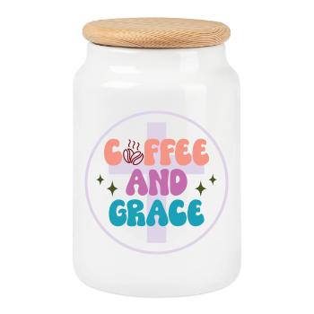 Kaffee und Gnade Motiv Design - Keksdose mit Holzdeckel - Weiß - Vorne
