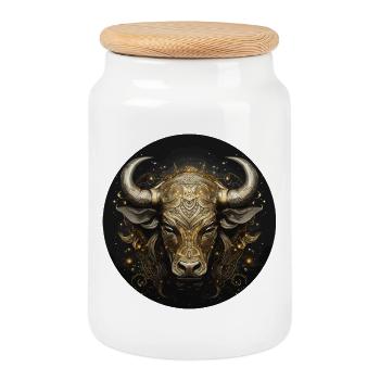 Golden Bull Head Ornament - Cookie Jar with Wooden Lid - white - Front