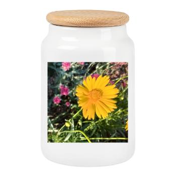Rayon de soleil fleur jaune / Œil de la jeune fille - Boîte à biscuits avec couvercle en bois - blanc - Devant