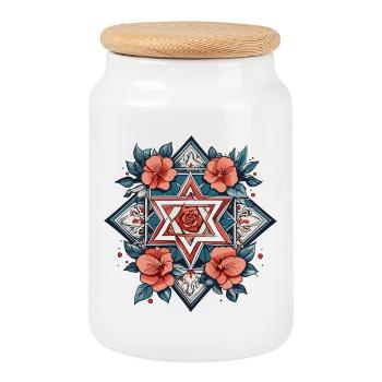 Étoile juive avec des fleurs - Boîte à biscuits avec couvercle en bois - blanc - Devant