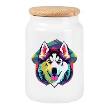 Colorful Husky - Cookie Jar with Wooden Lid - white - Front
