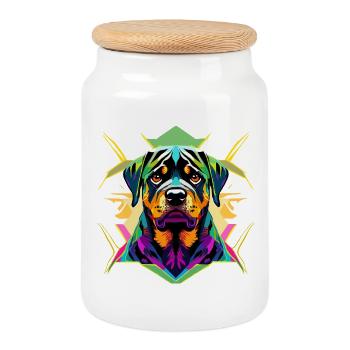 Farbintensiver Rottweiler mit geometrischem Design - Keksdose mit Holzdeckel - Weiß - Vorne
