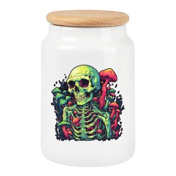 Horror Mushroom Skeleton - Happy Halloween - Cookie Jar with Wooden Lid - white - Front