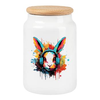 Lapin avec des écouteurs, musique, lièvres, lièvre, lièvre nain - Boîte à biscuits avec couvercle en bois - blanc - Devant