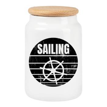 Sailboat steering wheel - Cookie Jar with Wooden Lid - white - Front