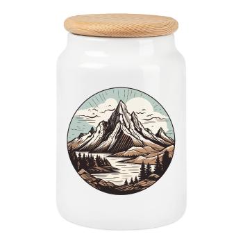 Round mountain lake landscape - Cookie Jar with Wooden Lid - white - Front