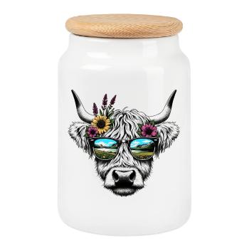 Vie dans le pays des vaches Illustration de randonnée dans les pâturages alpins Conduire du bétail - Boîte à biscuits avec couvercle en bois - blanc - Devant