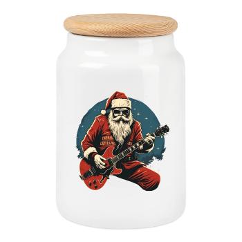 Rocking Santa Claus Santa with Electric Guitar - Cookie Jar with Wooden Lid - white - Front