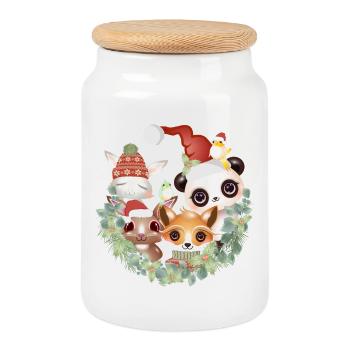 Six amis animaux mignons célébrant Noël - Boîte à biscuits avec couvercle en bois - blanc - Devant