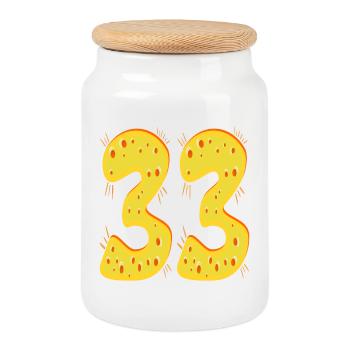 Number 33 - Thirty-Three - 33rd Birthday CHEESE - Cookie Jar with Wooden Lid - white - Front