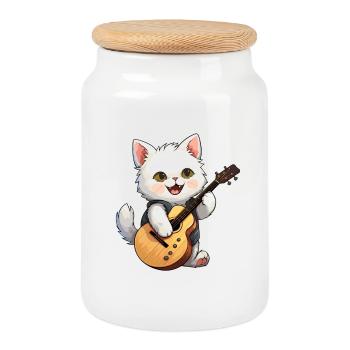 Chat blanc avec guitare gueule de bois musique chats - Boîte à biscuits avec couvercle en bois - blanc - Devant