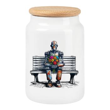 Robot banc fleurs Robot amour Art rouillé - Boîte à biscuits avec couvercle en bois - blanc - Devant