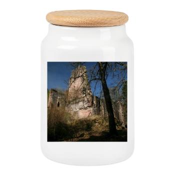 Mystical castle ruins Waldeck (Northern Black Forest) - Cookie Jar with Wooden Lid - white - Front