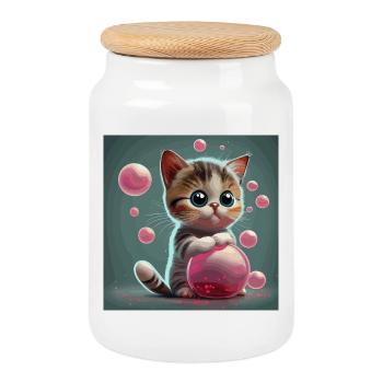 Cute cartoon style baby cat with pink bubbles - Cookie Jar with Wooden Lid - white - Front