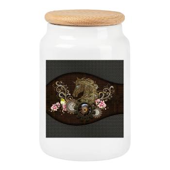 Dieses einzigartige Steampunk-Pferd mit Blumen - Keksdose mit Holzdeckel - Weiß - Vorne