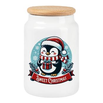 Mignon cadeau de pingouin de Noël - Boîte à biscuits avec couvercle en bois - blanc - Devant