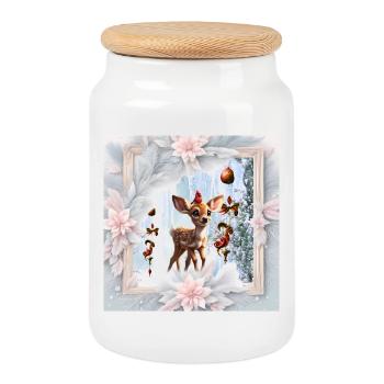 Mignon faon avec oiseau - Boîte à biscuits avec couvercle en bois - blanc - Devant