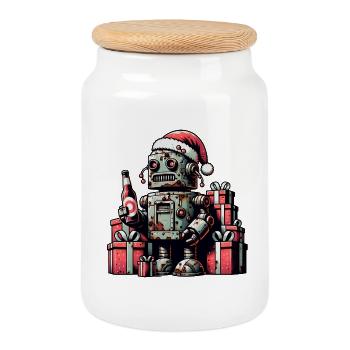 Robot laid Noël Vintage Père Noël cadeau - Boîte à biscuits avec couvercle en bois - blanc - Devant