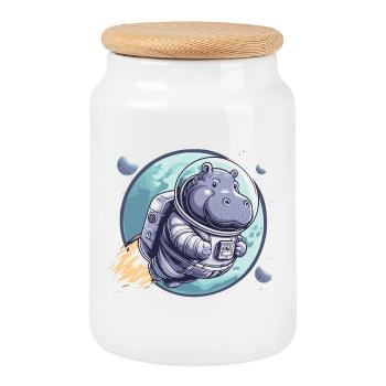 Hippopotame astronaute spatial - Boîte à biscuits avec couvercle en bois - blanc - Devant