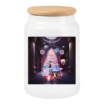 Cute Elves Celebrate the Christmas Season - Cookie Jar with Wooden Lid - white - Front