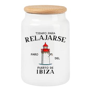 Ibiza Hafen, Zeit zum Entspannen, Zeichnung - Keksdose mit Holzdeckel - Weiß - Vorne