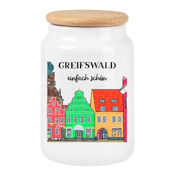 Greifswald Einfach schön, Fassaden am Fischmarkt - Keksdose mit Holzdeckel - Weiß - Vorne