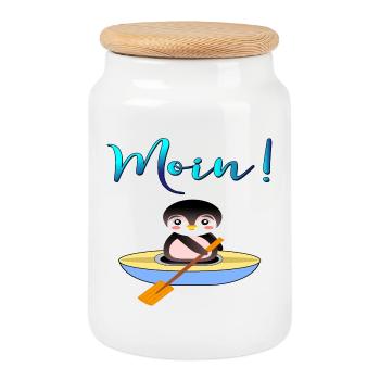 Norddeutsche Begrüßung - Schriftzug Moin - Pinguin - Keksdose mit Holzdeckel - Weiß - Vorne
