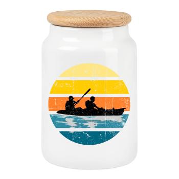 Cercle de silhouette du coucher de soleil en duo de kayaks - Boîte à biscuits avec couvercle en bois - blanc - Devant