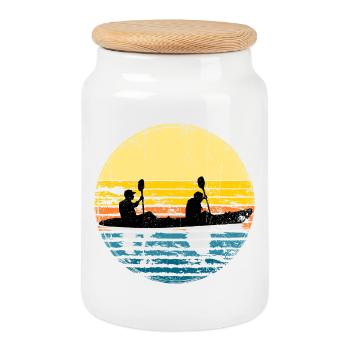 Cercle de silhouette du kayak au coucher du soleil - Boîte à biscuits avec couvercle en bois - blanc - Devant