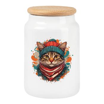Un chat mignon portant une écharpe épaisse et un chapeau - Boîte à biscuits avec couvercle en bois - blanc - Devant