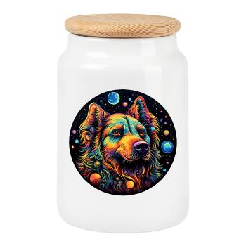 Bunter Space Hund mit Planeten - Keksdose mit Holzdeckel - Weiß - Vorne