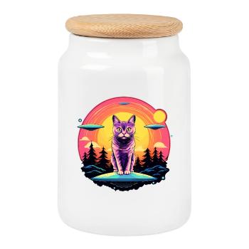 Lustige Katze mit Ufos Katzenliebhaber Katze - Keksdose mit Holzdeckel - Weiß - Vorne