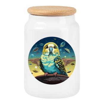 Drôle de perruche avec des ovnis dans l’espace - Boîte à biscuits avec couvercle en bois - blanc - Devant