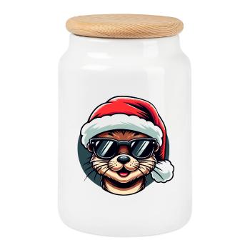 Loutre Noël Branchée | Sweat Fêtes Cool - Boîte à biscuits avec couvercle en bois - blanc - Devant