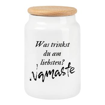 Was trinkst du am liebsten? Namaste - Keksdose mit Holzdeckel - Weiß - Vorne