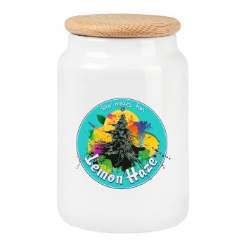 Weed Marijuana Cannabis Bud Lemon Haze - Cookie Jar with Wooden Lid - white - Front