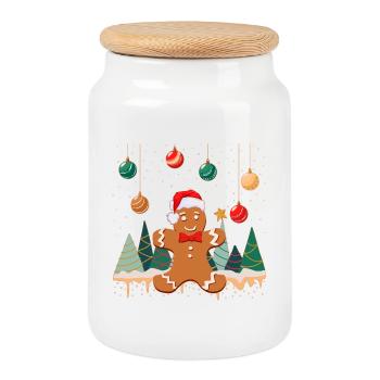 Biscuit Gingerbread Man Christmas Baubles in the Snow - Cookie Jar with Wooden Lid - white - Front